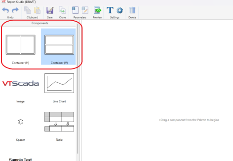 Component icons representing vertical and horizontal containers are pictured in the Components panel.