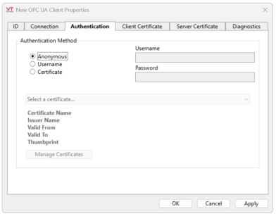 Anonymous Authentication option for OPC UA
