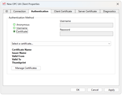Certificate Authetication option for OPC UA Client