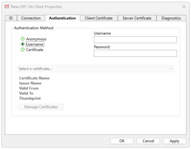 Username and Password Authetication option for OPC UA Client