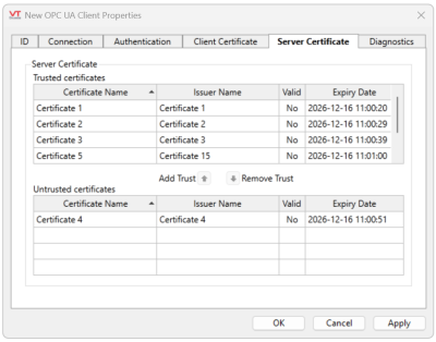 Server Certificate tab of OPC UA Property Dialog