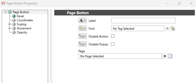 Set a label, select a font tag, connect a page or disable functions in this properties dialog.