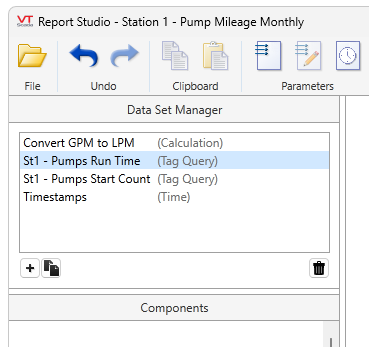 The Data Set Manager, in the top left-hand-side of a report Edit tab, displays existing Data Sets in a report, a button to add new, a copy button and a trash button to delete a selected Data Set.