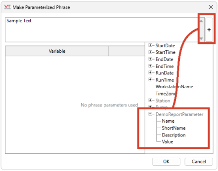 A long button with an addition sign is next to the text field. Clicking it opens a drop-tree of options such as StartDate, EndDate, RunTime and all added custom report parameters.