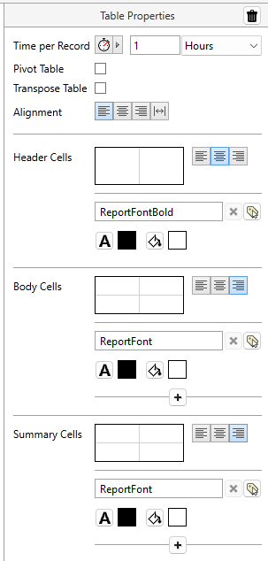 From top to bottom: Delete the table component, set the tim per record, enable pivot or transpose table, set table alignment, and format Header, Body and Summary cells.