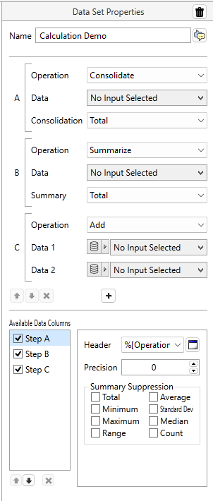 The calculation data set properties panel is like an expressions wizard. As steps are added and configured, drop lists and fields appear to accept additional settings and values. 
