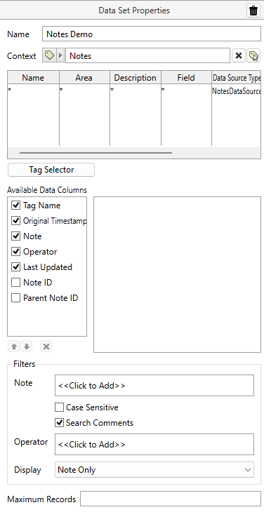 Notes Data Set properties is similar to Tag Query properties with additional Filtering options.