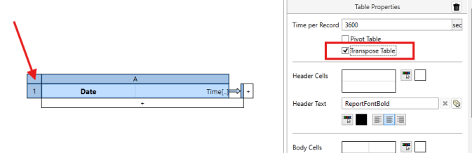 Table Properties contains parameters for time per record, pivot or transpose configurations and visual settings.