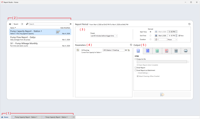 This image features the home tab of Report Studio. It contains an index of reports with a search button and plus button, Report period settings, parameters in a given report, and output options. 
