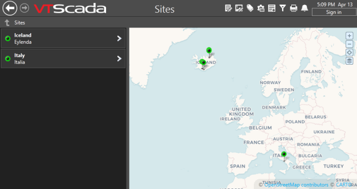 Countries configured to display as folders are shown in a list with description subheadings left of the map.