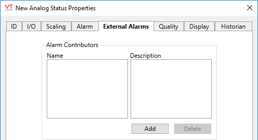 Analog Status tag - external alarms tab