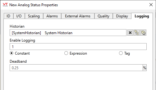 Analog Status tag - Historian tab