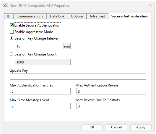 Enable and configure the DNP3 security layer under the Secure Authentication tab. 