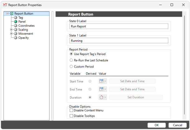 Example of a Report Button Properties dialog