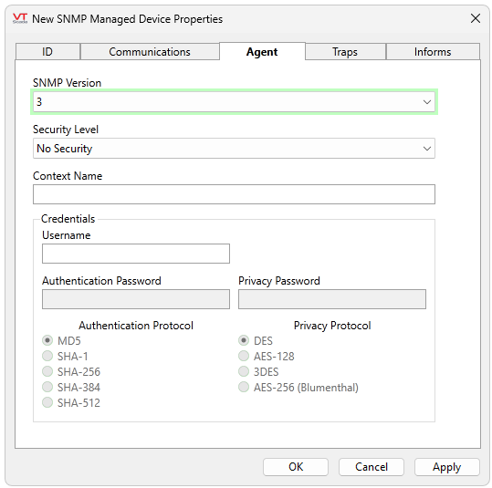 Configure the SNMP Version, Security Level, Context Name, and Credentials.