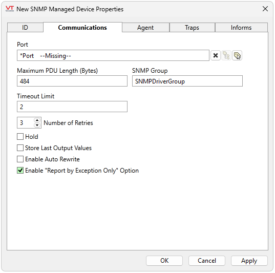 Configure the port tag, Max PDU length, SNMP Group, Timeout Limit, Number of Retries, Hold, Store Last Output Values, Enable Auto Rewrite and Enable RBE for IO tags.