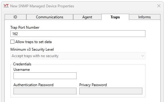 Configure Trap Port Number, Allow traps to set data, select a minimum v3 security Level, and set credentials.