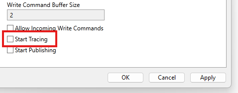 The Start Tracing setting can be found near the bottom of the dialog. It defaults as DISABLED for the sake of performance.