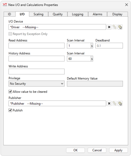 Configure the linked driver, addresses, scan rates, deadbands, custom privilege, and publisher. 