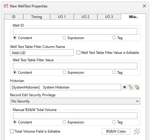 Configure the Well ID, Filter Well Test Table by Column Name, permit the filter to be editable, Configure a Well Test Table filter value, link a historian, configure custom security privileges, configure manual BS&W Total Volume, make it editable or select DS&W color.